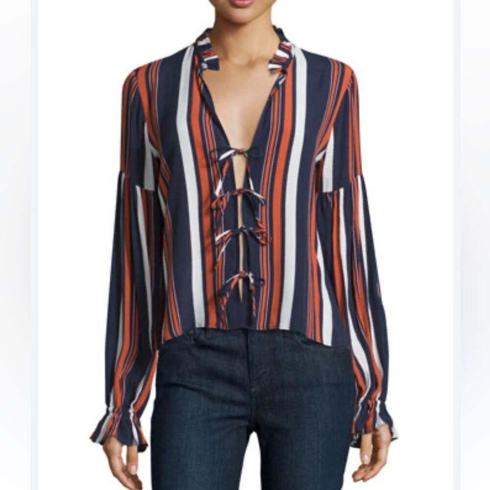 Revolve Tularosa Nala Blouse 70s Striped Tie Front Ruffle Sleeve Size Medium